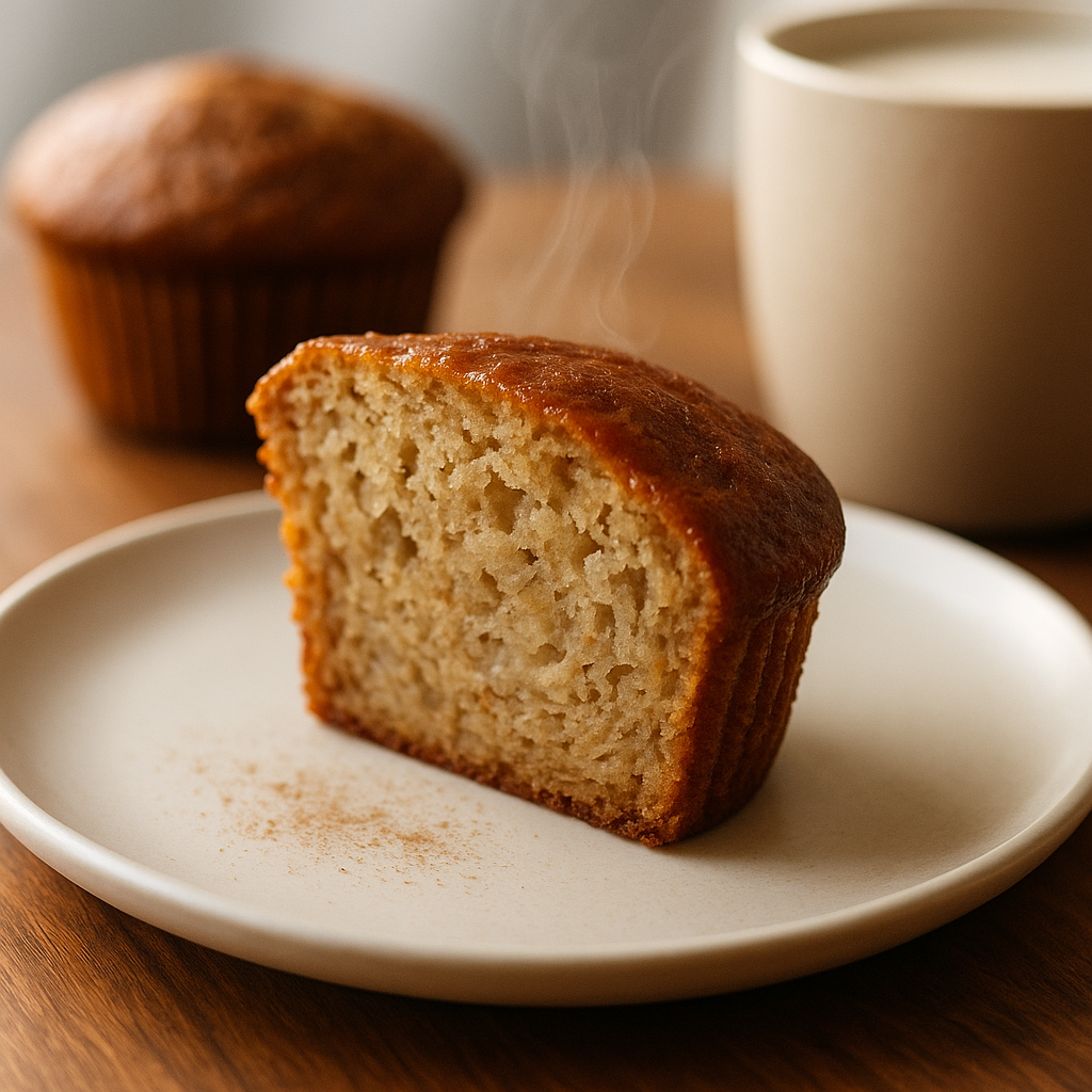 vegan banana muffin no egg — plated wedge in 45° view with warm crust and tender crumb