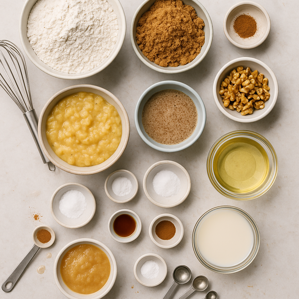 vegan banana muffin no egg — overhead flat-lay of measured ingredients in bowls and cups