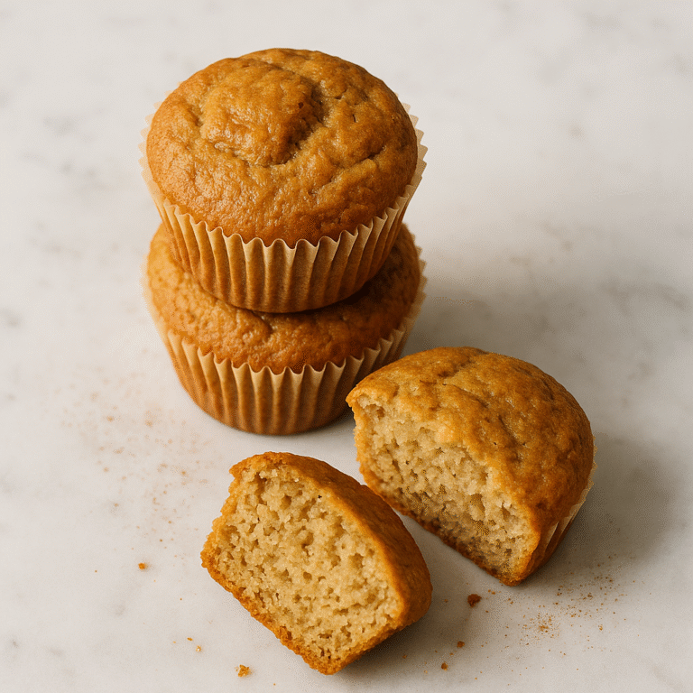 vegan banana muffin no egg — overhead view of golden muffins with moist crumb on a light marble backdrop