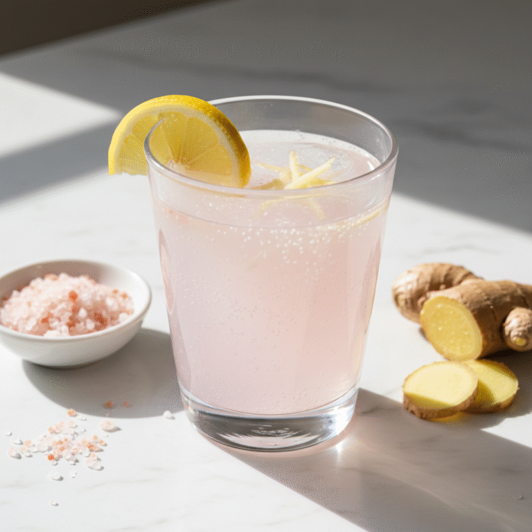 Japanese Pink Salt Recipe - morning detox drink in glass with lemon and ginger
