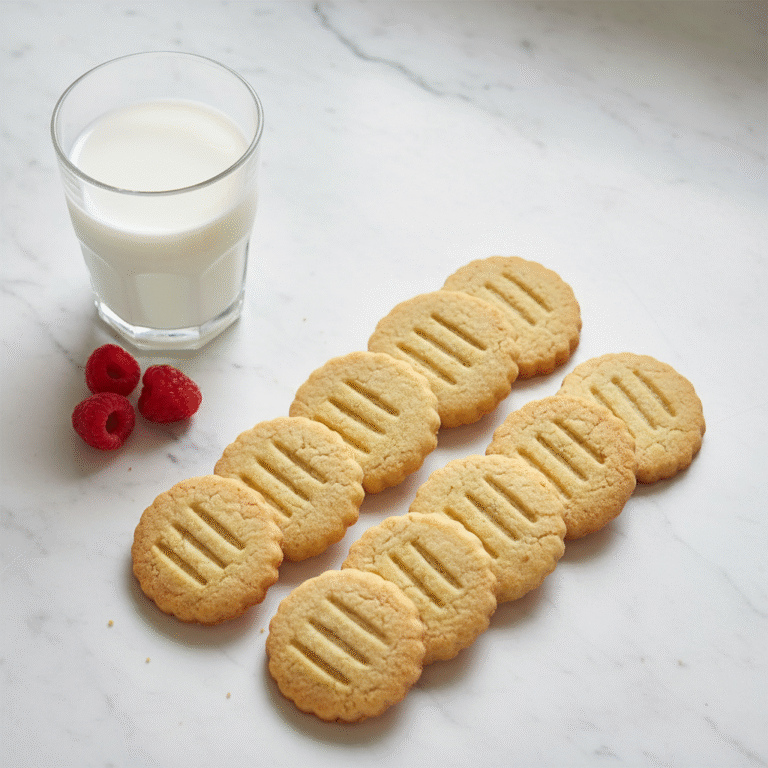 Shortbread Cookies Recipe - Golden buttery cookies arranged with milk and raspberries on marble