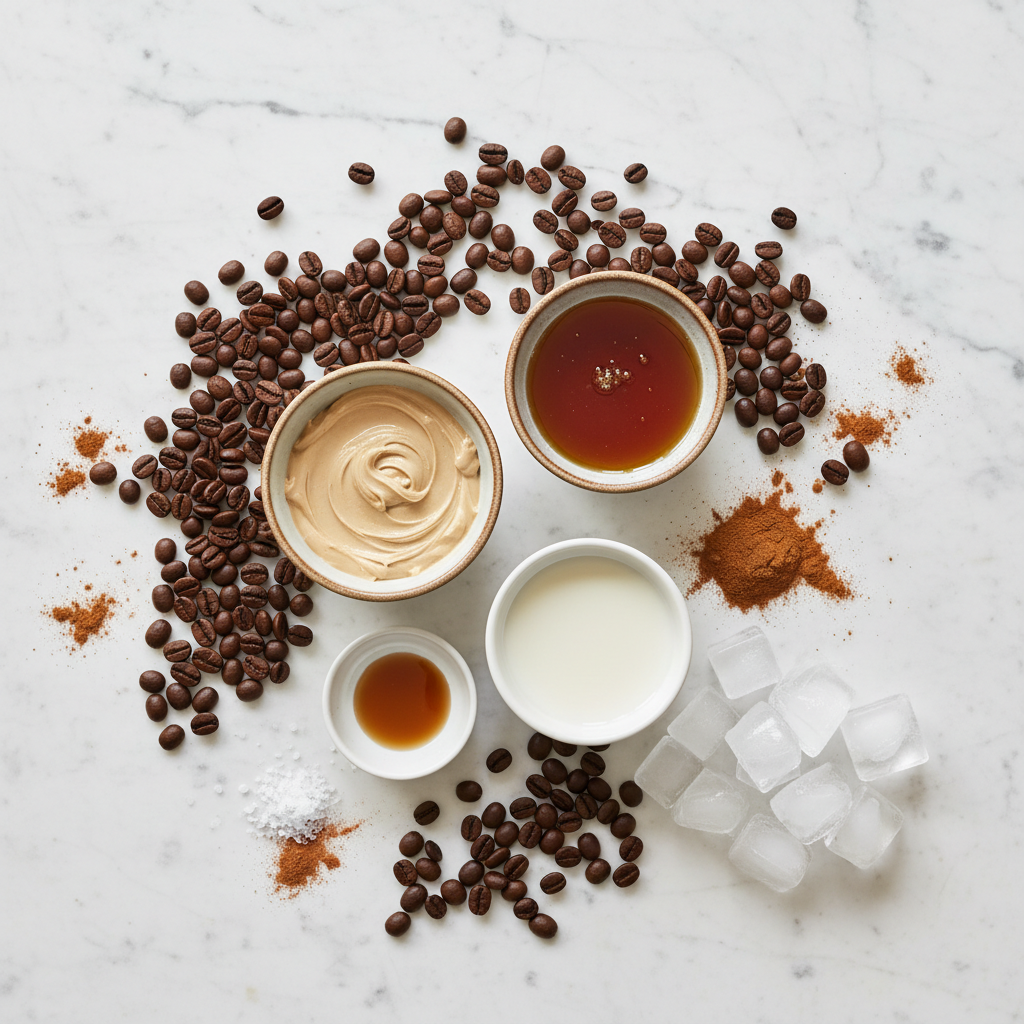 Tahini Iced Coffee - Ingredients for homemade coffee, including tahini, milk, and maple syrup.