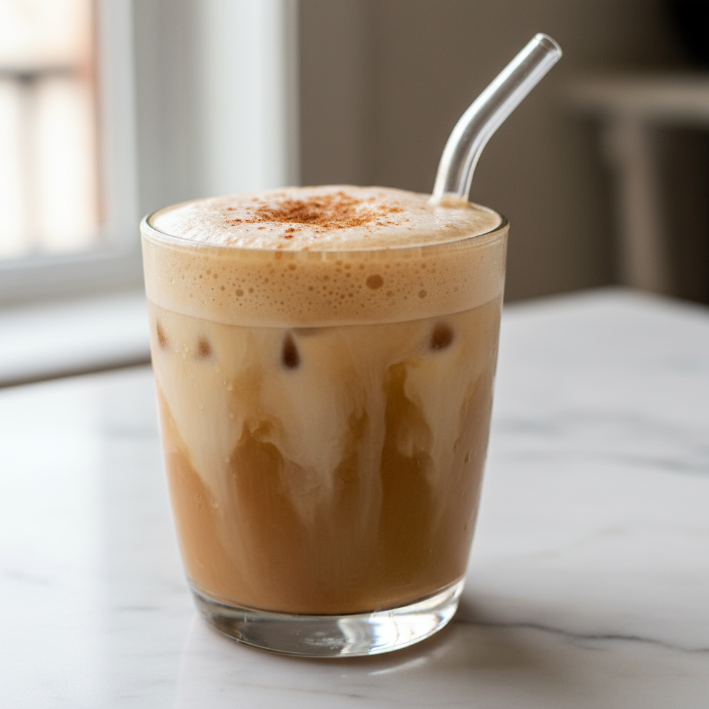 Tahini Iced Coffee - Close-up of a frothy beverage with creamy texture and cinnamon dusting.
