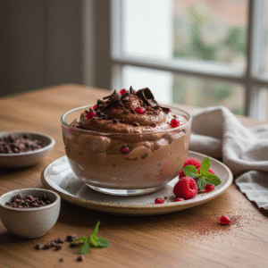 Aquafaba mousse - fluffy vegan chocolate dessert served in glass with pomegranate garnish