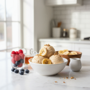 Easy no egg banana ice cream recipe, creamy light tan ice cream with smooth texture.