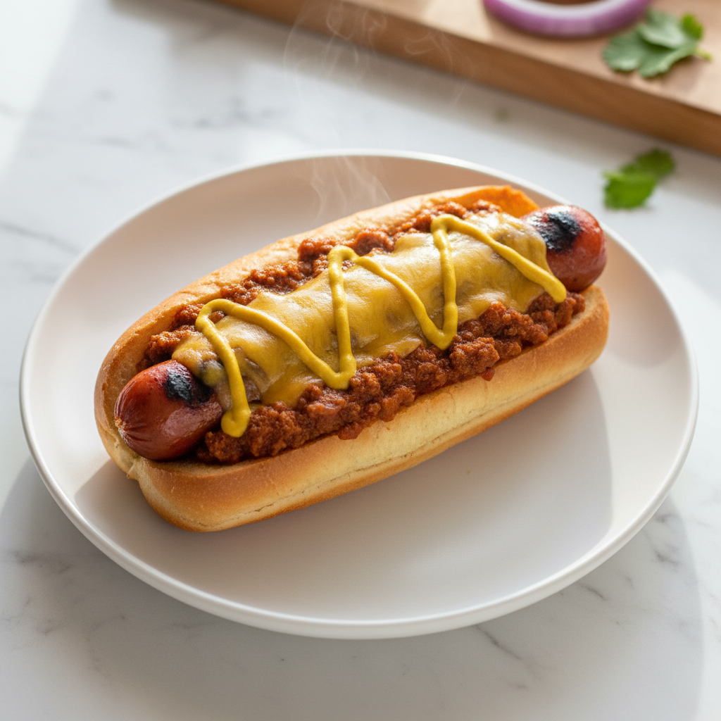 chili cheese dog recipe - overhead view of an assembled hot dog with chili, cheese, and garnishes on a white marble surface