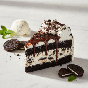 oreo and cake ice cream - Slice of Oreo Ice Cream Cake on a Marble Slab