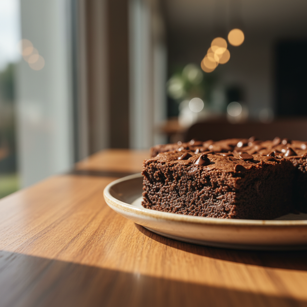 eggless brownie recipe - Close-up on the fudgy interior of the eggless brownie recipe.