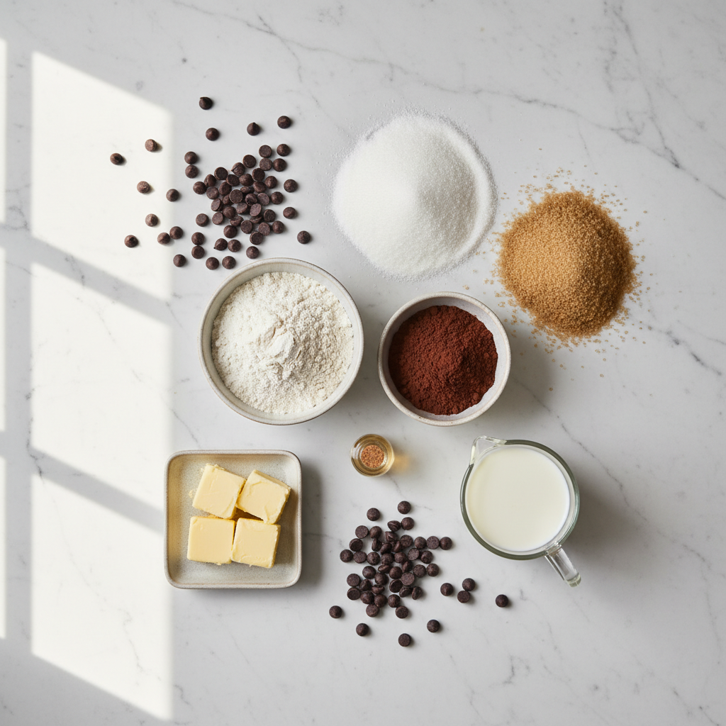eggless brownie recipe - Flat lay of ingredients needed for eggless brownie recipe.
