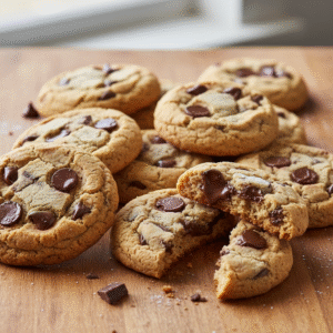 Eggless chocolate chip cookies - close-up of freshly baked rounds with golden brown edges and embedded chocolate chips