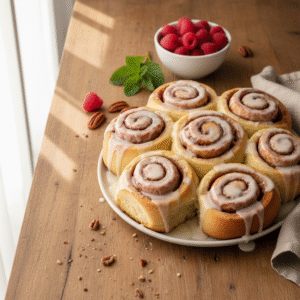 Eggless cinnamon rolls recipe - golden brown swirled rolls with creamy vegan frosting drizzled on top