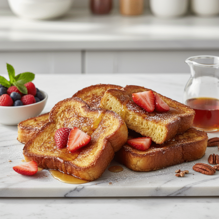 Eggless french toast - golden brown slices topped with strawberries and syrup on white marble