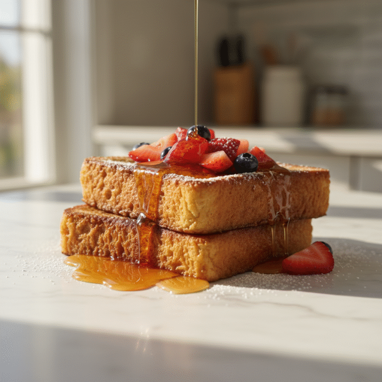 Toddler breakfast ideas no eggs - Golden brown eggless French toast with strawberries and syrup.