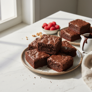 how to make a eggless brownie - Fudgy and crackly-topped eggless brownies presented at a 45-degree angle.