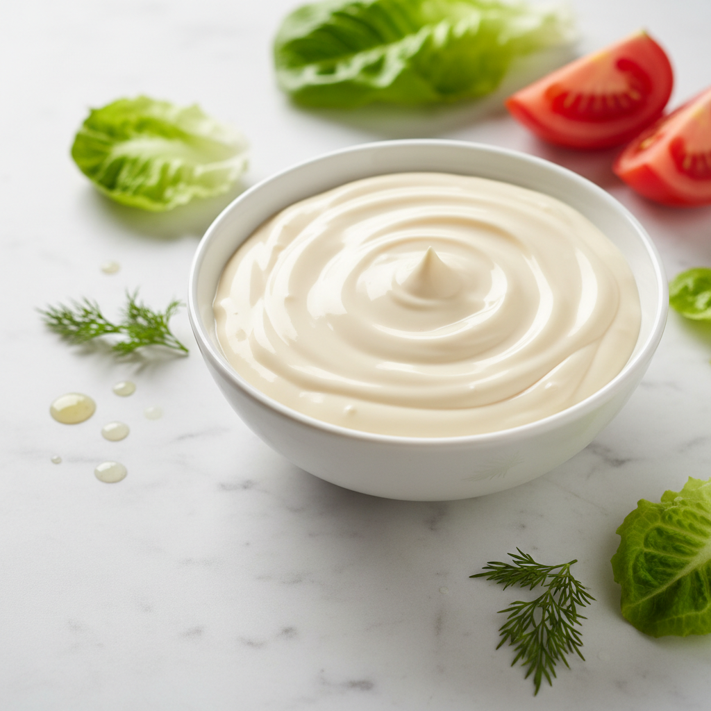 mayonnaise no egg recipe - Creamy close-up of Elsie's immersion-blender eggless mayo