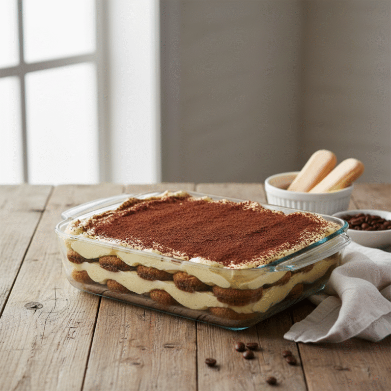 Eggless tiramisu recipe - creamy Italian dessert with cocoa dusting in baking dish