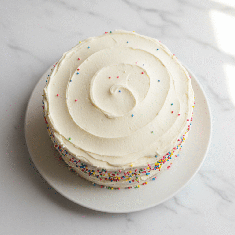 how to make an eggless vanilla cake - Top-down view of a perfectly baked eggless vanilla cake, showing its two layers, white frosting, and colorful sprinkles.