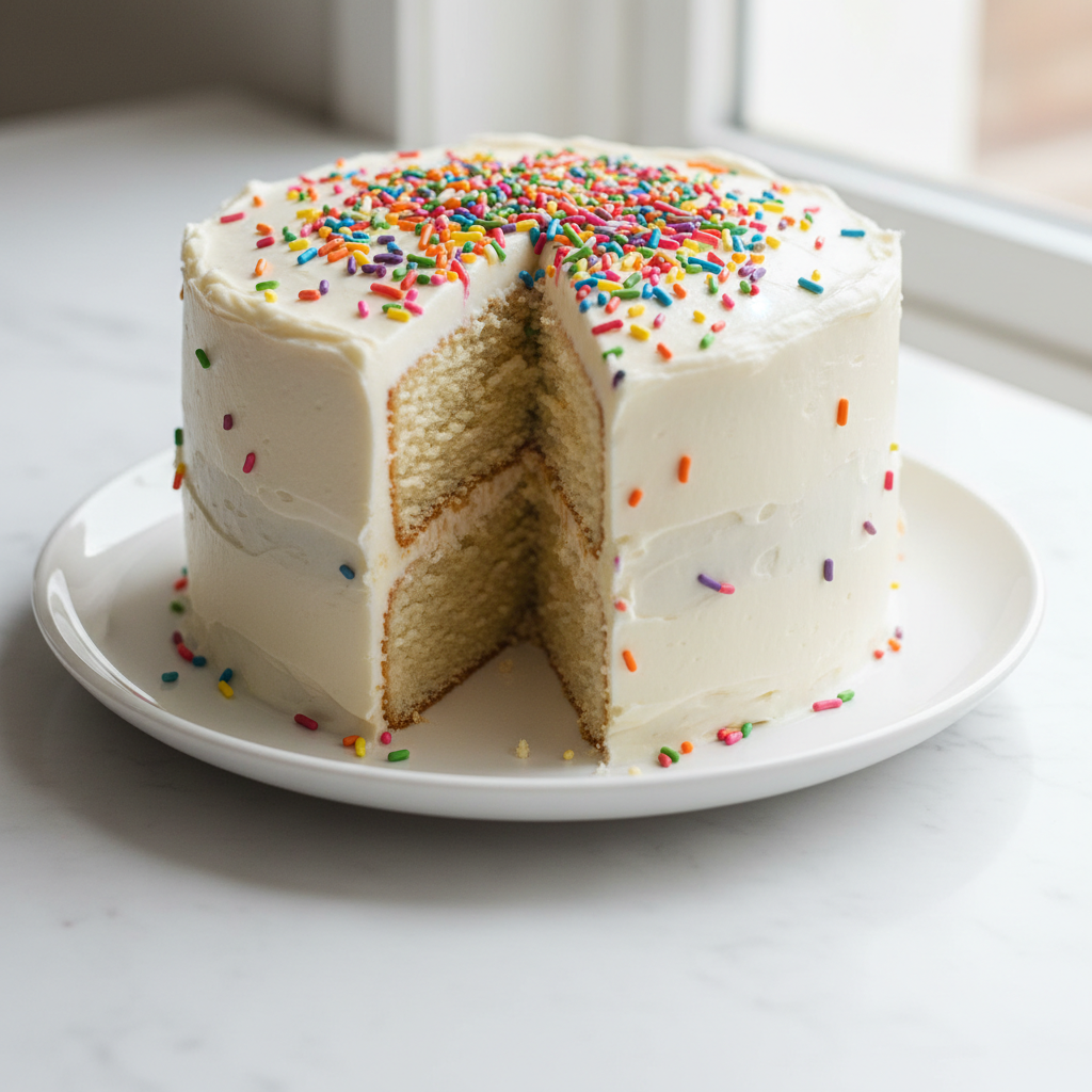 how to make an eggless vanilla cake - A beautiful two-layer vanilla celebration cake iced with white frosting and topped with rainbow sprinkles, perfect for allergy-friendly baking.