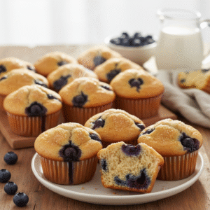 Eggless blueberry muffins - close-up view of golden brown domed tops bursting with juicy purple berries on warm wood surface