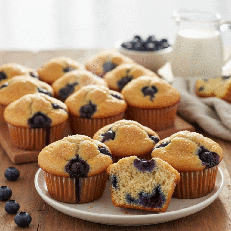 Eggless blueberry muffins - close-up view of golden brown domed tops bursting with juicy purple berries on warm wood surface