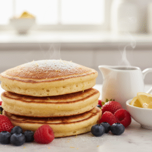 Eggless Lemon Ricotta Pancakes - stack of fluffy golden-brown pancakes dusted with powdered sugar and topped with fresh berries on white marble