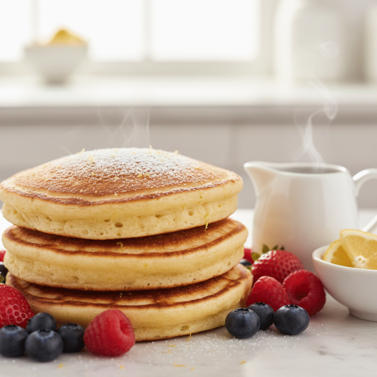 Eggless Lemon Ricotta Pancakes - stack of fluffy golden-brown pancakes dusted with powdered sugar and topped with fresh berries on white marble