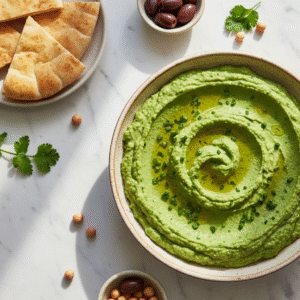 green hummus - Vibrant and creamy chickpea dip with herbs and olive oil.