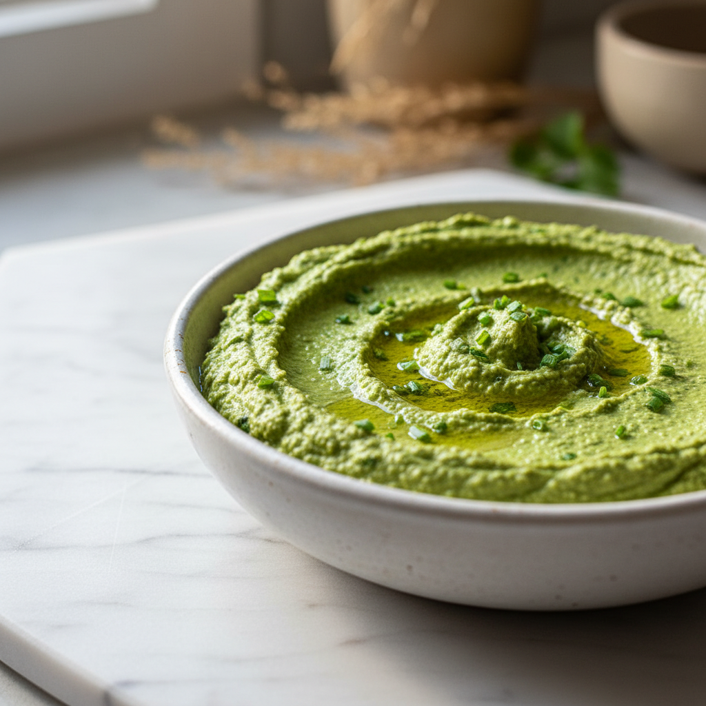 green hummus - Close-up texture of creamy chickpea dip with herbs.