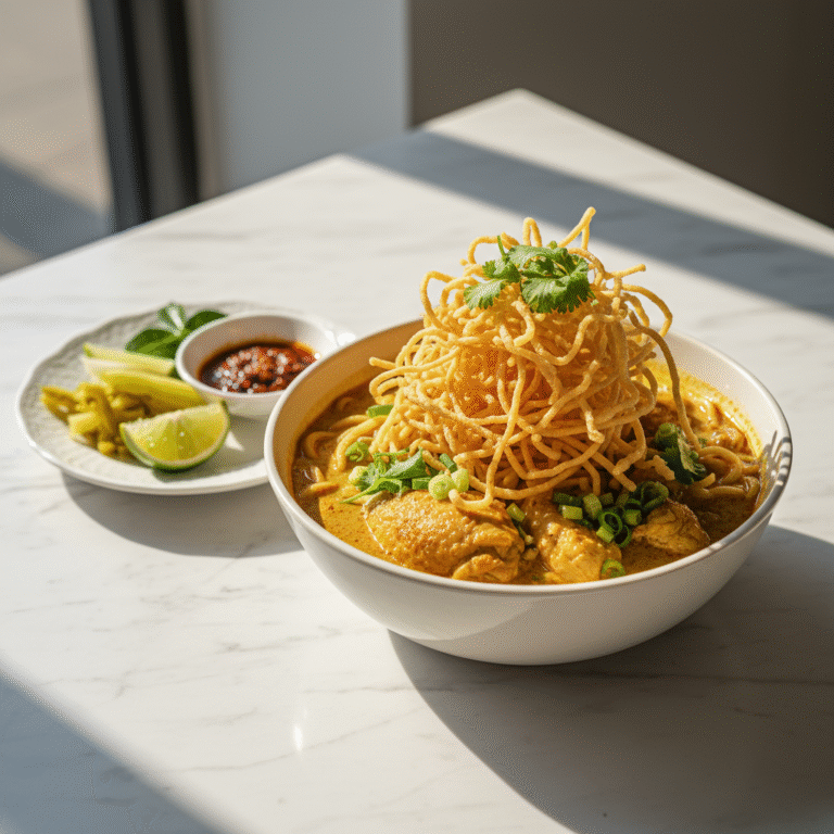 chicago thai food festival - Delicious Khao Soi with tender egg noodles and crispy toppings.