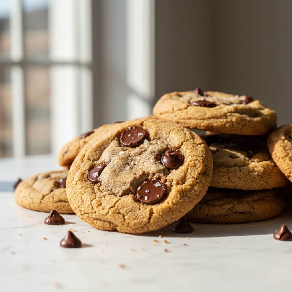 no egg chocolate chip cookie recipes - A close-up hero shot of a perfectly baked eggless chocolate chip cookie.