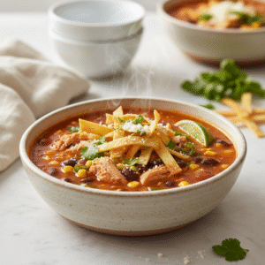 panera chicken tortilla soup - close-up of steaming bowl with tender chicken, corn, and garnishes