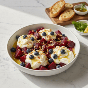 Roasted Beet Garlic Whipped Ricotta - Appetizer with vibrant ruby red beet chunks and creamy white whipped ricotta.