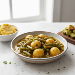 canned green bean recipes - vibrant Southern-style green beans with potatoes in a light savory broth