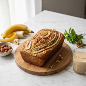 vegan banana bread recipe - Delicious sliced loaf with moist crumb and golden crust