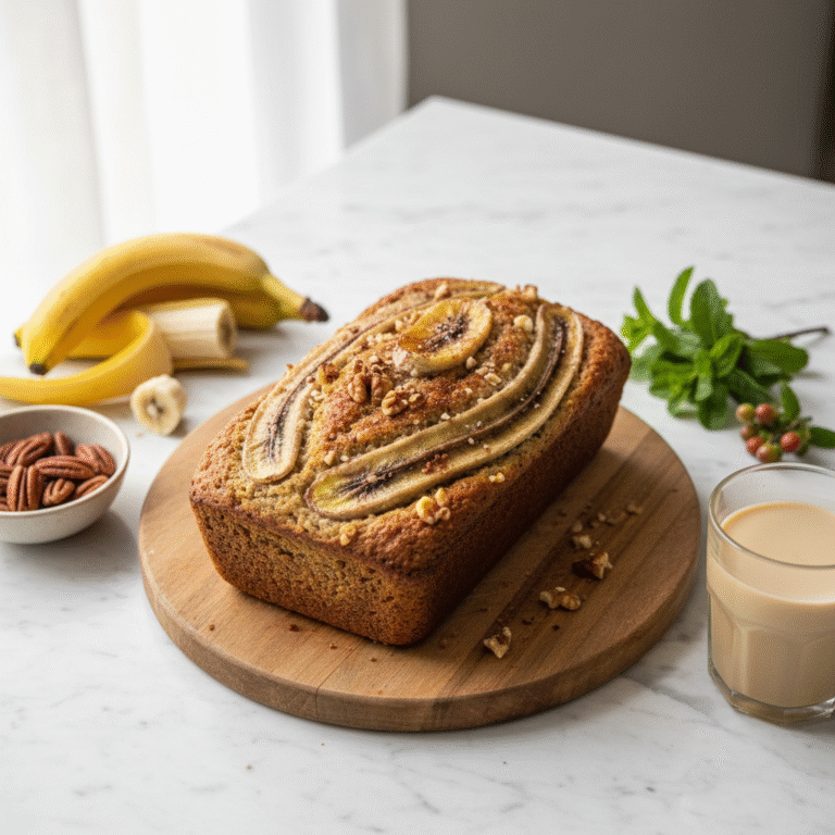 vegan banana bread recipe - Delicious sliced loaf with moist crumb and golden crust