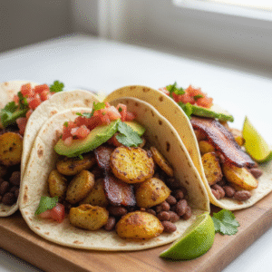 breakfast ideas without eggs - Luxurious 45-degree close-up of crispy potatoes, plant-based bacon substitute, and beans tucked into warm tortillas.