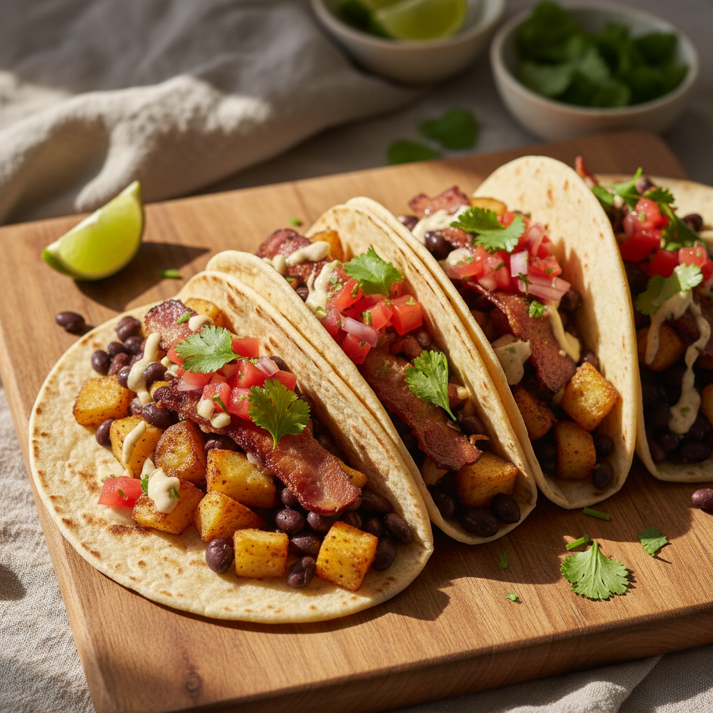 Breakfast ideas without eggs: Crispy Potato & Plant-Based Bacon Breakfast Tacos — Hero