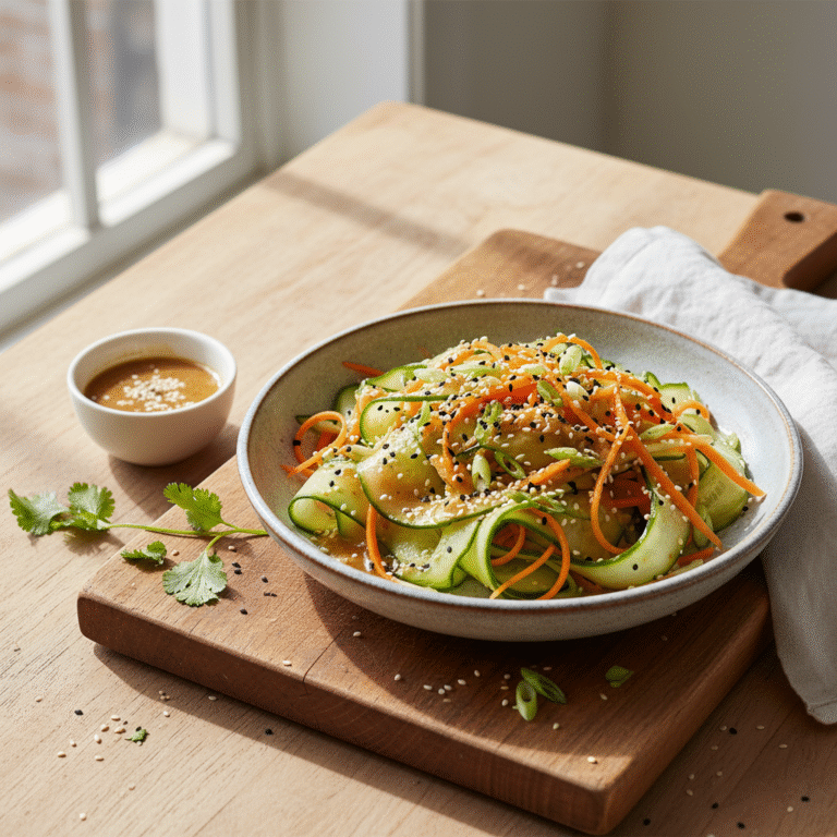 Cucumber Carrot Salad - Crisp ribbons, pale cucumber and bright carrot julienne with sesame seeds on glossy dressing