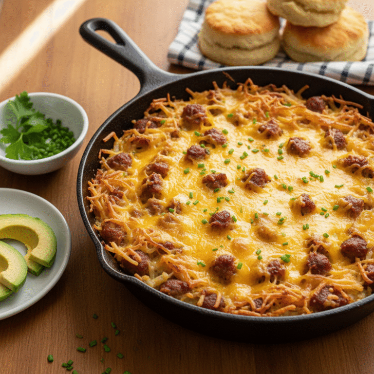 eggless breakfast casserole - golden brown casserole with melted cheese and sausage served on warm wood