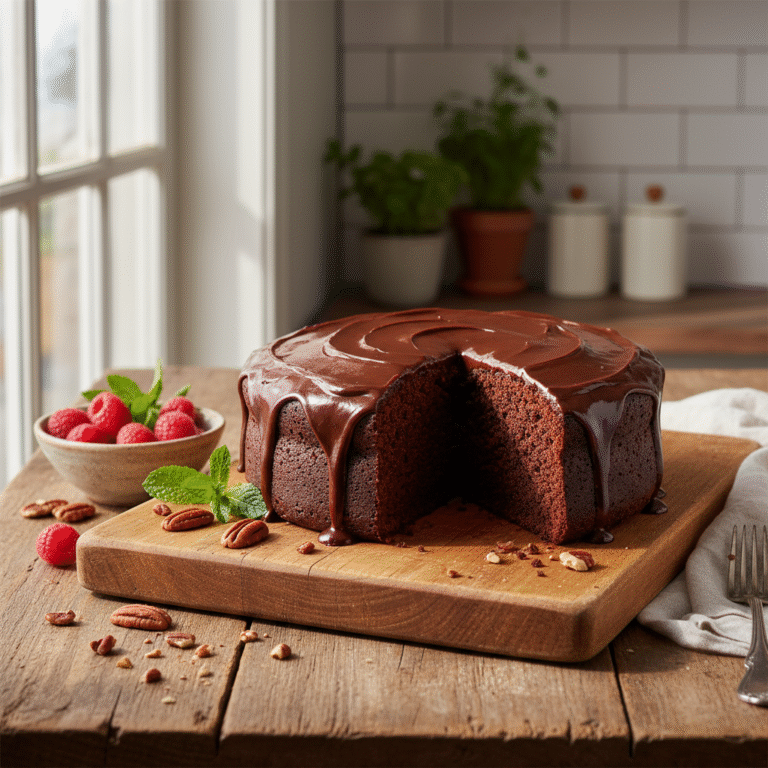 Eggless Chocolate Cake - sliced piece on wooden board with soft natural lighting