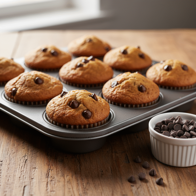 Eggless muffin - Golden-brown muffins with melted chips in a 45° close-up on warm wood, soft background