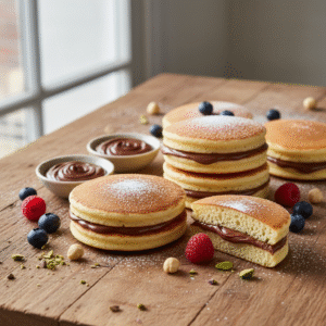 Eggless dora cakes - Close-up of two pale dorayaki pancakes with Nutella filling between layers