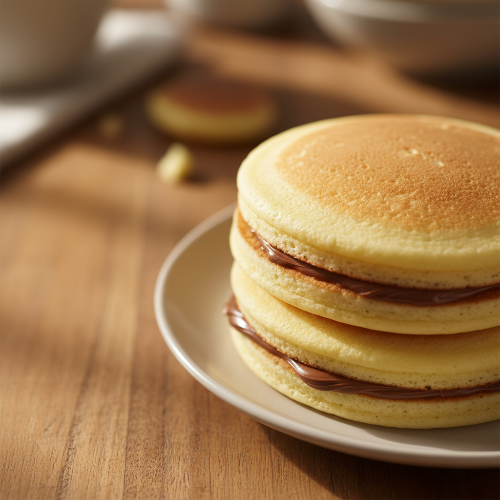 Eggless dora cakes - Overhead view of a Nutella-filled dora cake, two pancakes layered together