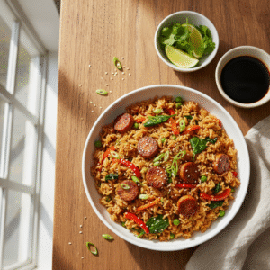 eggless fried rice - golden brown rice with colorful vegetables and plant-based sausage served in a bowl