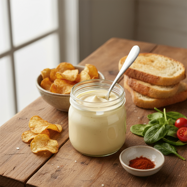Eggless mayo - creamy homemade mayonnaise in a glass jar with a spoon dipping in