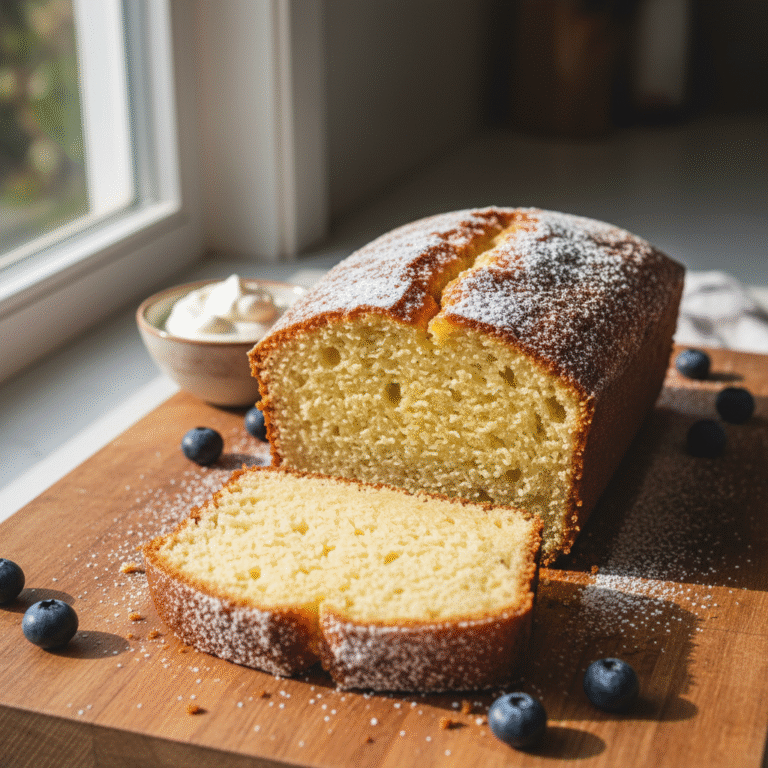 Eggless pound cake - golden brown loaf with moist crumb on wood surface