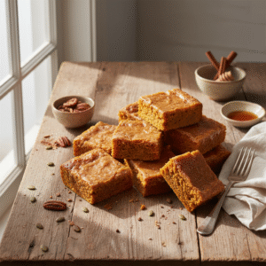 Eggless pumpkin blondies - close-up of dense, chewy orange-brown bars with caramelized edges
