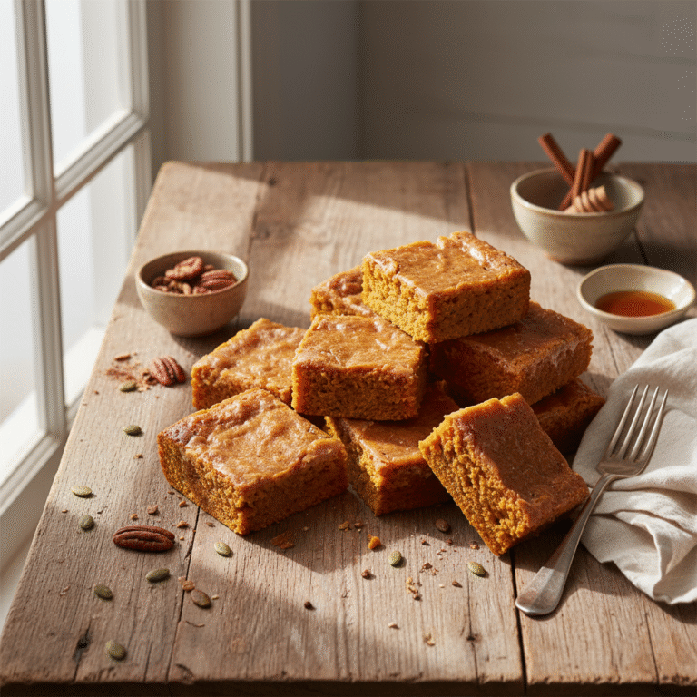 Eggless pumpkin blondies - close-up of dense, chewy orange-brown bars with caramelized edges