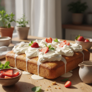 Eggless tres leches cake - 45-degree overhead view showing moist cake with whipped cream and strawberry garnish on wood surface