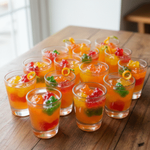 Gummy bear shot recipe - Luxurious 45° close-up of a vegan gummy bear shot in a frosty glass with fizz and citrus.